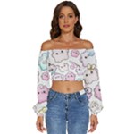 Cute Doodle Cartoon Seamless Pattern Long Sleeve Crinkled Weave Crop Top