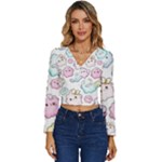 Cute Doodle Cartoon Seamless Pattern Long Sleeve V-Neck Top
