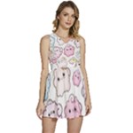 Cute Doodle Cartoon Seamless Pattern Sleeveless High Waist Mini Dress
