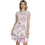 Cute Doodle Cartoon Seamless Pattern Cap Sleeve High Waist Dress