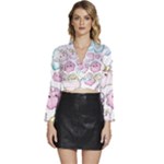 Cute Doodle Cartoon Seamless Pattern Long Sleeve Tie Back Satin Wrap Top