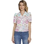 Cute Doodle Cartoon Seamless Pattern Puffed Short Sleeve Button Up Jacket