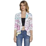 Cute Doodle Cartoon Seamless Pattern Women s 3/4 Sleeve Ruffle Edge Open Front Jacket