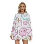 Cute Doodle Cartoon Seamless Pattern Round Neck Long Sleeve Bohemian Style Chiffon Mini Dress