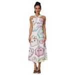 Cute Doodle Cartoon Seamless Pattern Sleeveless Cross Front Cocktail Midi Chiffon Dress