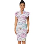 Cute Doodle Cartoon Seamless Pattern Vintage Frill Sleeve V-Neck Bodycon Dress