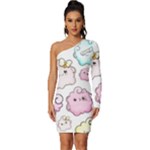 Cute Doodle Cartoon Seamless Pattern Long Sleeve One Shoulder Mini Dress
