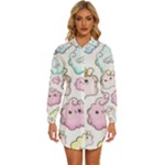 Cute Doodle Cartoon Seamless Pattern Womens Long Sleeve Shirt Dress