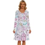 Cute Doodle Cartoon Seamless Pattern Long Sleeve Dress With Pocket