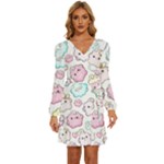 Cute Doodle Cartoon Seamless Pattern Long Sleeve Waist Tie Ruffle Velvet Dress