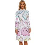 Cute Doodle Cartoon Seamless Pattern Long Sleeve Shirt Collar A-Line Dress