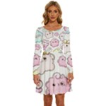 Cute Doodle Cartoon Seamless Pattern Long Sleeve Wide Neck Velvet Dress