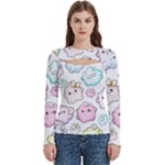 Cute Doodle Cartoon Seamless Pattern Women s Cut Out Long Sleeve T-Shirt