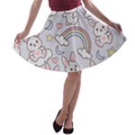 Seamless Pattern With Cute Rabbit Character A-line Skater Skirt