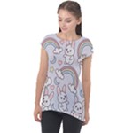 Seamless Pattern With Cute Rabbit Character Cap Sleeve High Low Top