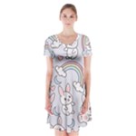 Seamless Pattern With Cute Rabbit Character Short Sleeve V-neck Flare Dress