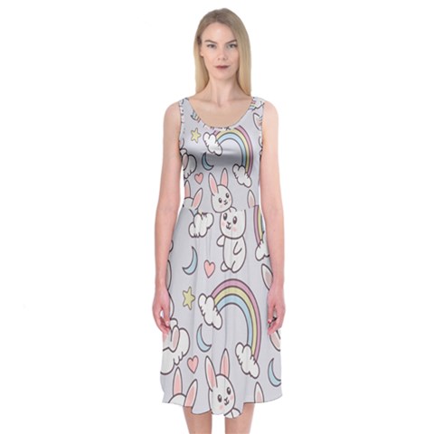Seamless Pattern With Cute Rabbit Character Midi Sleeveless Dress from ArtsNow.com