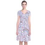 Seamless Pattern With Cute Rabbit Character Short Sleeve Front Wrap Dress