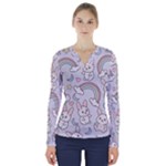 Seamless Pattern With Cute Rabbit Character V-Neck Long Sleeve Top