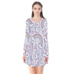 Seamless Pattern With Cute Rabbit Character Long Sleeve V-neck Flare Dress