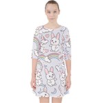 Seamless Pattern With Cute Rabbit Character Quarter Sleeve Pocket Dress