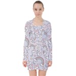 Seamless Pattern With Cute Rabbit Character V-neck Bodycon Long Sleeve Dress