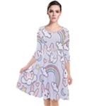 Seamless Pattern With Cute Rabbit Character Quarter Sleeve Waist Band Dress