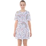 Seamless Pattern With Cute Rabbit Character Sixties Short Sleeve Mini Dress