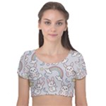 Seamless Pattern With Cute Rabbit Character Velvet Short Sleeve Crop Top 
