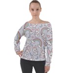 Seamless Pattern With Cute Rabbit Character Off Shoulder Long Sleeve Velour Top