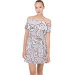 Seamless Pattern With Cute Rabbit Character Off Shoulder Chiffon Dress