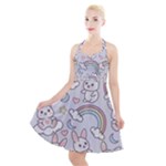 Seamless Pattern With Cute Rabbit Character Halter Party Swing Dress 