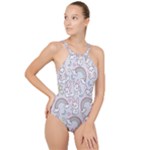 Seamless Pattern With Cute Rabbit Character High Neck One Piece Swimsuit