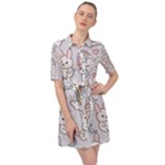 Seamless Pattern With Cute Rabbit Character Belted Shirt Dress
