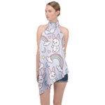 Seamless Pattern With Cute Rabbit Character Halter Asymmetric Satin Top
