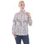 Seamless Pattern With Cute Rabbit Character Women s Long Sleeve Pocket Shirt