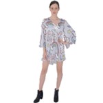 Seamless Pattern With Cute Rabbit Character V-Neck Flare Sleeve Mini Dress