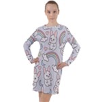 Seamless Pattern With Cute Rabbit Character Long Sleeve Hoodie Dress