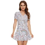 Seamless Pattern With Cute Rabbit Character V-Neck High Waist Chiffon Mini Dress