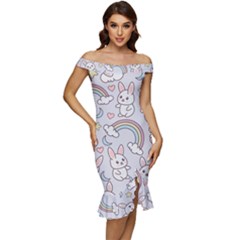 Off Shoulder Ruffle Split Hem Bodycon Dress 