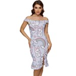 Seamless Pattern With Cute Rabbit Character Off Shoulder Ruffle Split Hem Bodycon Dress
