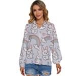 Seamless Pattern With Cute Rabbit Character Women s Long Sleeve Button Up Shirt