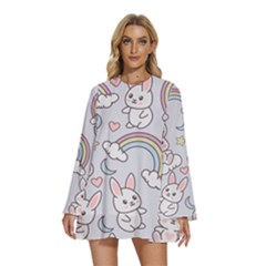 Round Neck Long Sleeve Bohemian Style Chiffon Mini Dress 