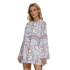 Round Neck Long Sleeve Bohemian Style Chiffon Mini Dress 