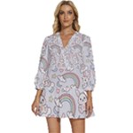 Seamless Pattern With Cute Rabbit Character V-Neck Placket Mini Dress