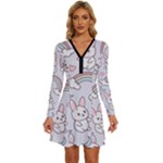 Seamless Pattern With Cute Rabbit Character Long Sleeve Deep V Mini Dress 