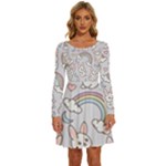 Seamless Pattern With Cute Rabbit Character Long Sleeve Wide Neck Velvet Dress