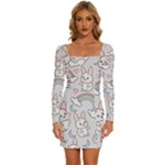 Seamless Pattern With Cute Rabbit Character Long Sleeve Square Neck Bodycon Velvet Dress