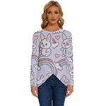 Seamless Pattern With Cute Rabbit Character Long Sleeve Crew Neck Pullover Top