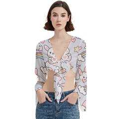 Seamless Pattern With Cute Rabbit Character Trumpet Sleeve Cropped Top from ArtsNow.com